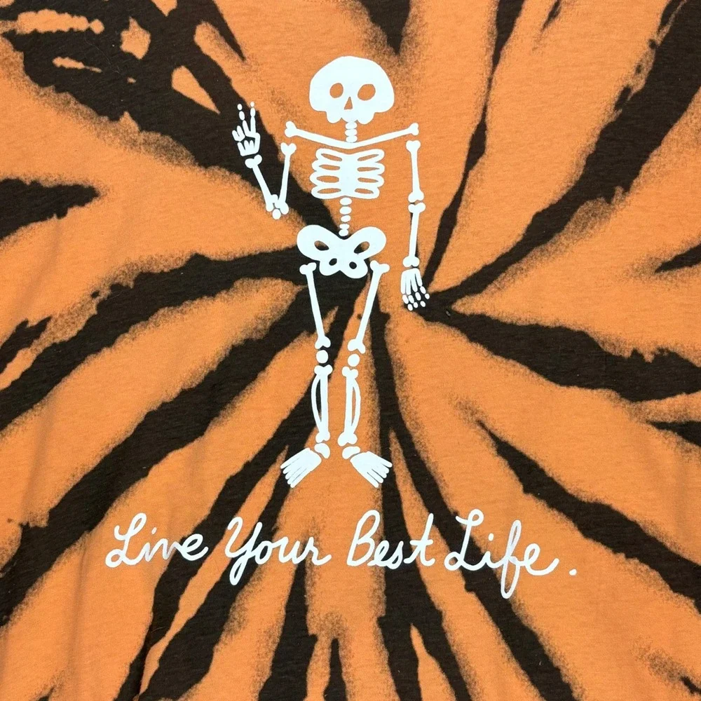 Mighty Fine Mens Orange Black Tie Dye Skeleton Graphic T-Shirt Live Best Life M - Picture 2 of 8